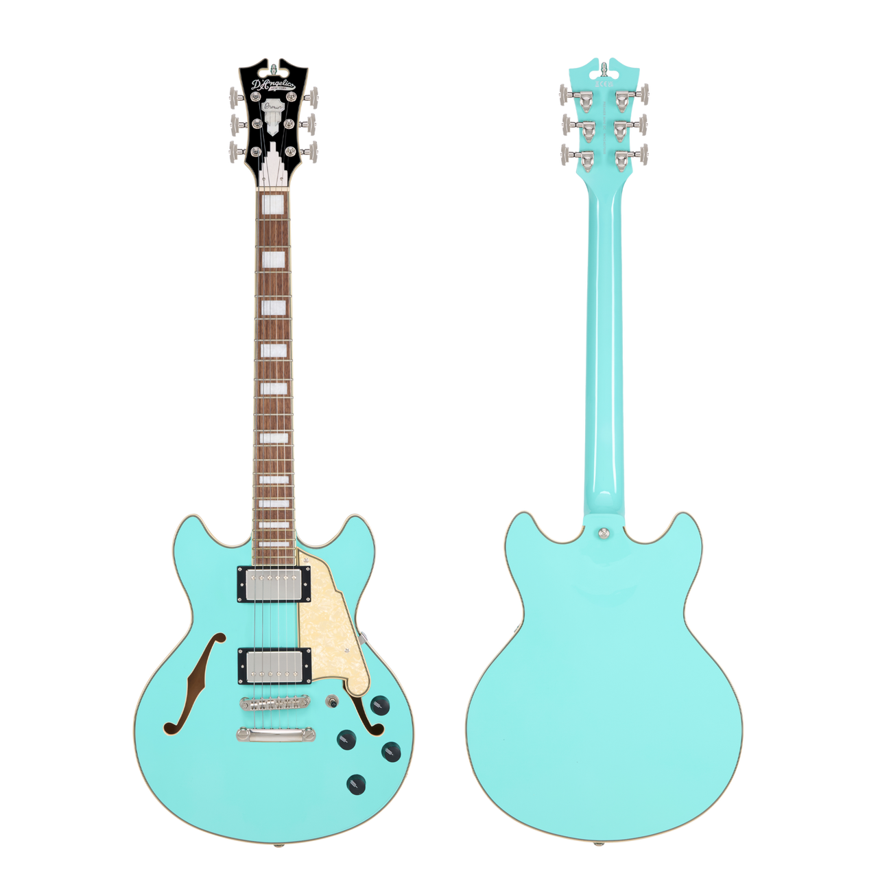 Dâ€™Angelico Premier Mini DC - Surf Green (DAPMDCSGRNS) featuring a compact semi-hollow double-cut design, stop-bar tailpiece, dual humbuckers, and a rich warm, versatile tone.