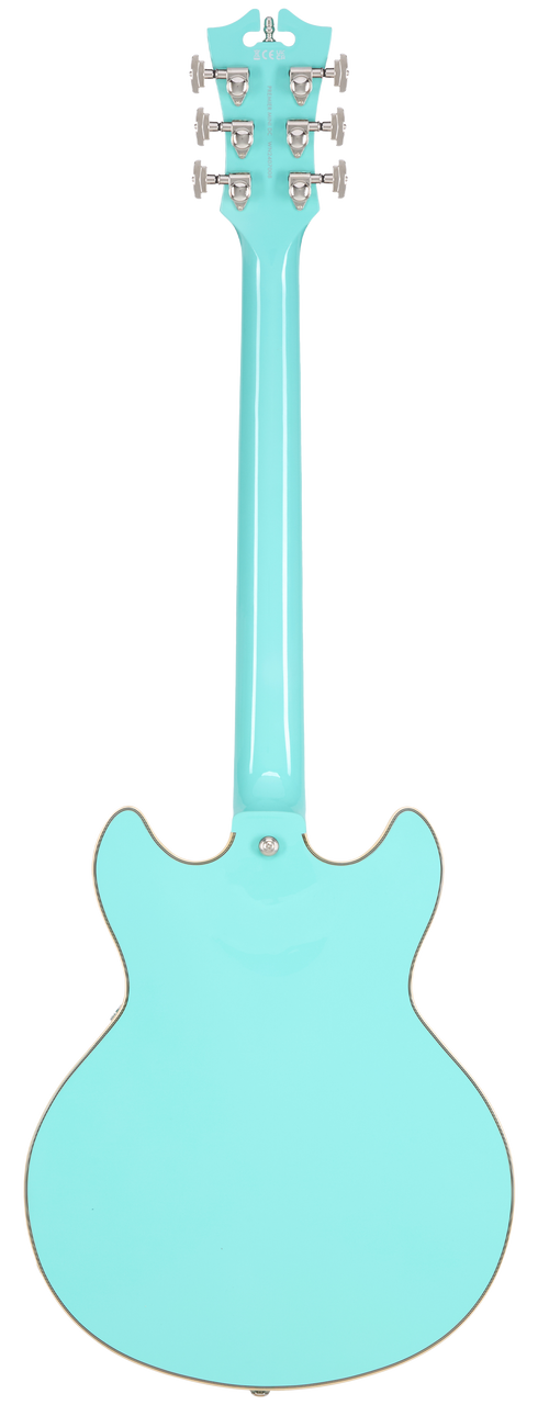 Dâ€™Angelico Premier Mini DC - Surf Green (DAPMDCSGRNS) featuring a compact semi-hollow double-cut design, stop-bar tailpiece, dual humbuckers, and a rich warm, versatile tone.