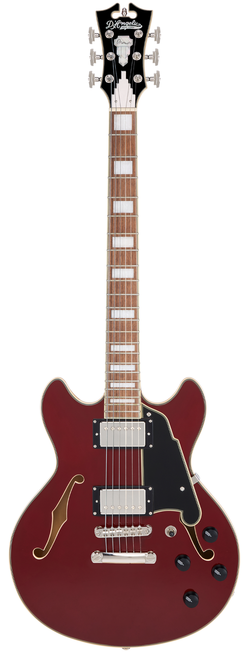 Dâ€™Angelico Premier Mini DC - Burnt Red (DAPMDCBRDNS) featuring a compact semi-hollow double-cut design, stop-bar tailpiece, dual humbuckers, and a rich warm, versatile tone.