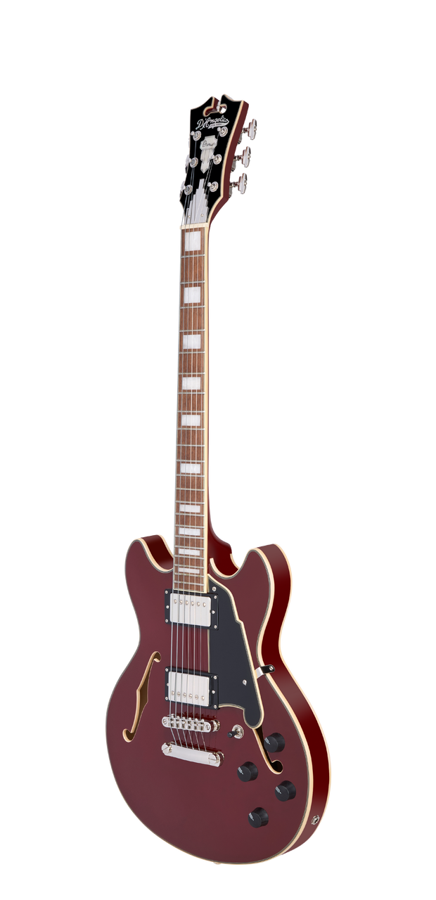 Dâ€™Angelico Premier Mini DC - Burnt Red (DAPMDCBRDNS) featuring a compact semi-hollow double-cut design, stop-bar tailpiece, dual humbuckers, and a rich warm, versatile tone.