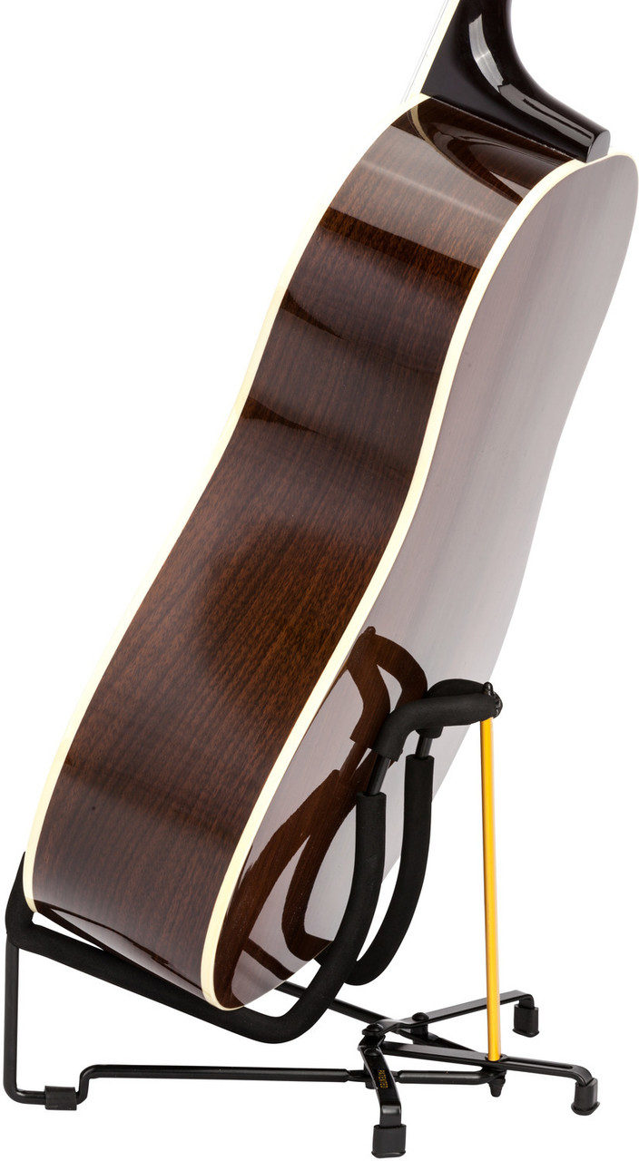 Hercules GS301B TravLite Acoustic Guitar Stand featuring a foldable lightweight design, padded contact points, and stable support ideal for acoustic guitars and travel use.