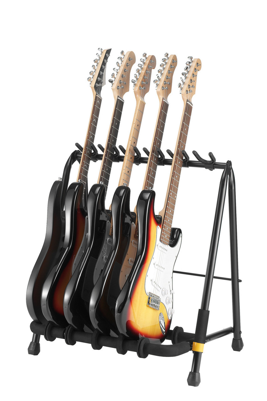 Hercules GS523B 3-Piece Guitar Rack Stand featuring padded yokes, a durable foldable frame, and capacity to hold three acoustic, electric, or bass guitars securely.