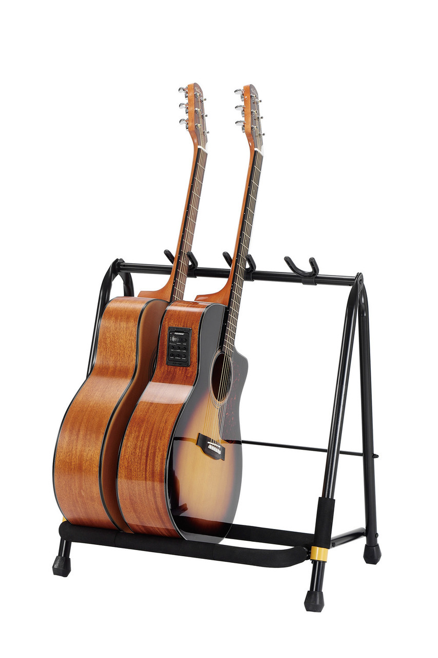 Hercules GS523B 3-Piece Guitar Rack Stand featuring padded yokes, a durable foldable frame, and capacity to hold three acoustic, electric, or bass guitars securely.
