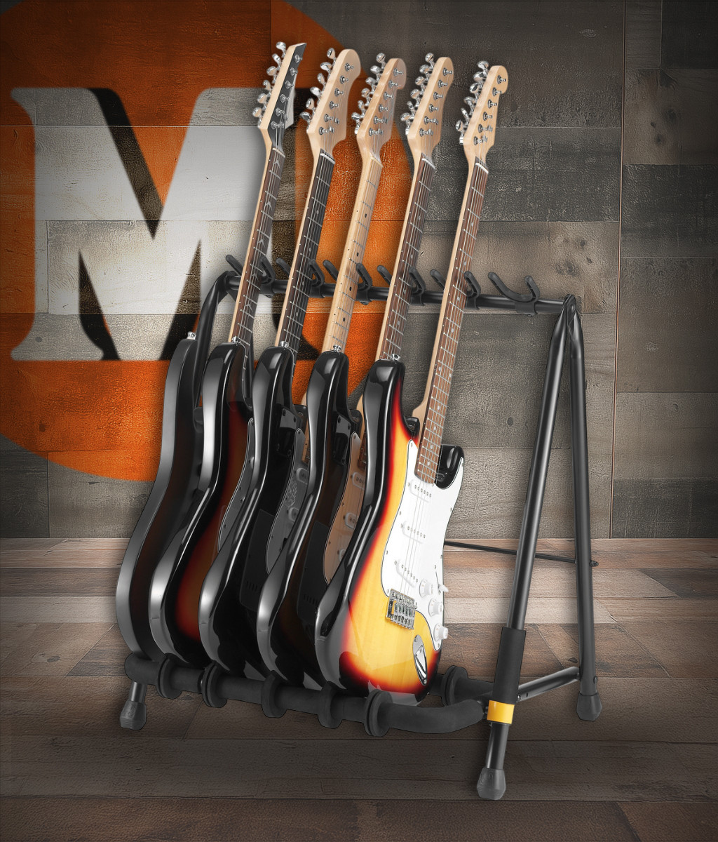 Hercules GS523B 3-Piece Guitar Rack Stand featuring padded yokes, a durable foldable frame, and capacity to hold three acoustic, electric, or bass guitars securely.