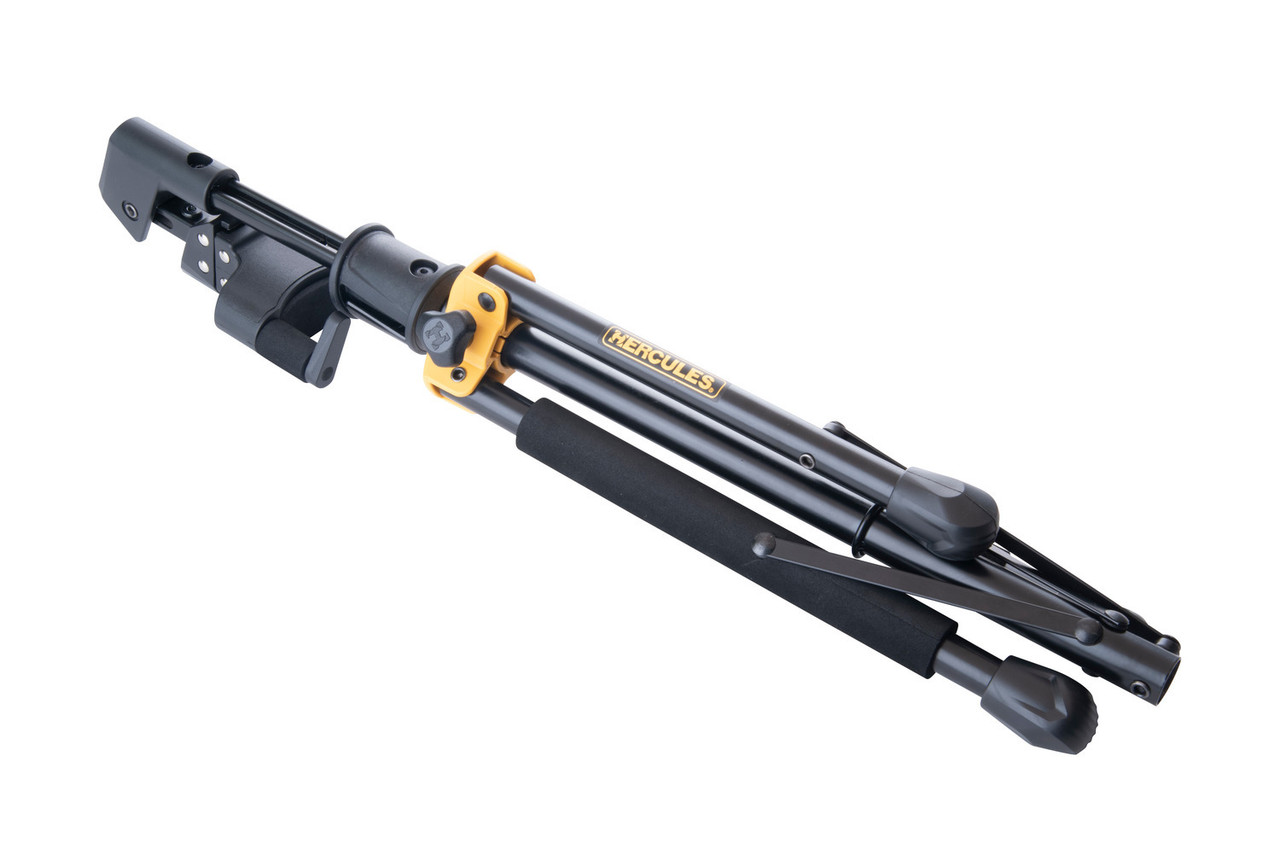 Hercules UKS100B Auto Grip Ukulele Stand featuring AGS automatic neck locking, padded support arms, and a stable foldable frame compatible with all ukulele sizes.