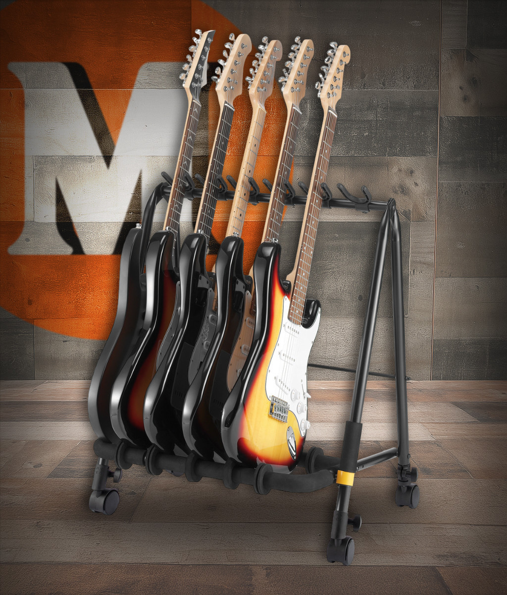 Hercules GS523BPLUS 3-Piece Guitar Rack Stand with Casters featuring padded supports, a sturdy foldable frame, and rolling casters for easy transport of up to three acoustic, electric, or bass guitars.