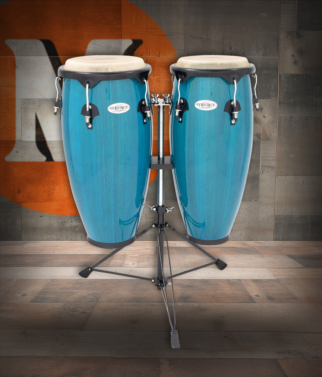 Toca Synergy Conga Set 10"/11" - Blue (2300BB) featuring blue-finished shells, durable hardware, warm resonant tone, and an included adjustable double conga stand.