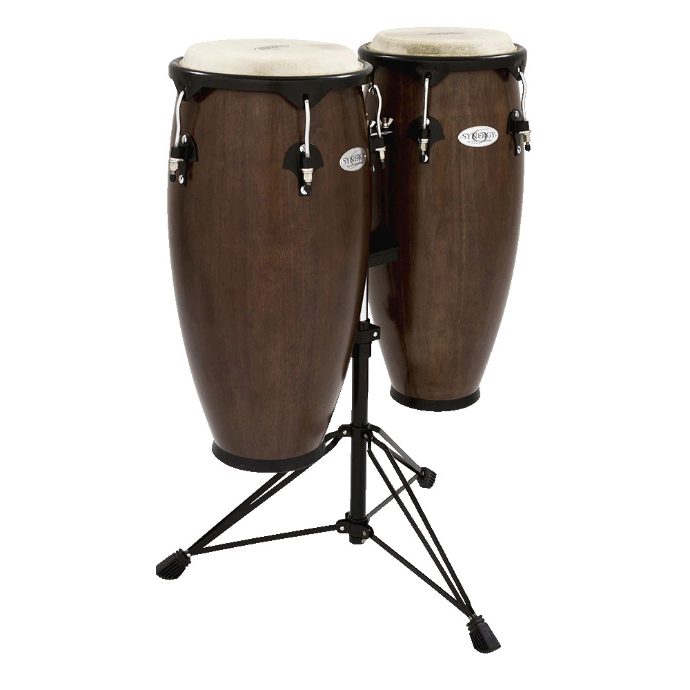 Toca Synergy Conga Set 10"/11" - Tobacco (2300TOB) featuring a rich tobacco finish, warm resonant shells, durable hardware, and an included adjustable double conga stand.