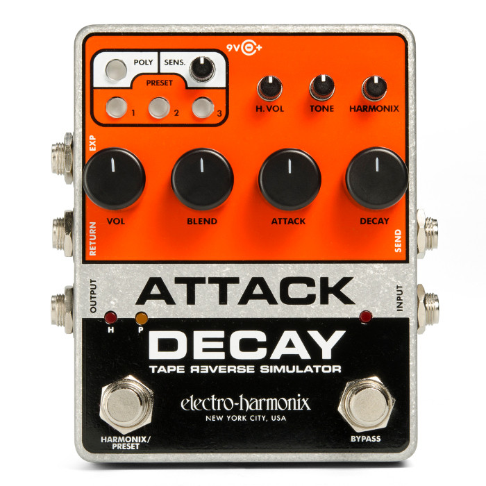 Electro-Harmonix Attack Decay Tape Reverse Simulator (ATTACK DECAY) featuring tape-style reverse swell effects, envelope controls, polyphonic tracking, and rugged EHX stompbox design.