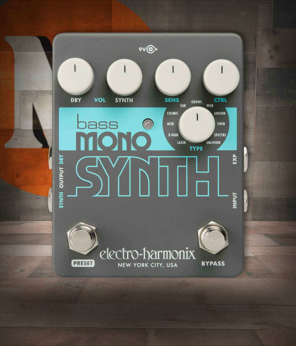 Electro-Harmonix Bass Mono Synth (BASS MONO SYN) featuring 11 synth voices, sensitivity control, tone shaping knobs, and rugged EHX enclosure for dynamic bass synthesizer effects.