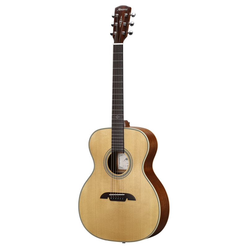 The Alvarez AF60 Herringbone Folk/OM Acoustic Guitar features a select spruce top with mahogany back and sides, delivering a warm, articulate tone ideal for fingerstyle and light strumming. The classic herringbone binding adds vintage character, while the comfortable OM body shape offers excellent projection and balance for studio or stage performance.