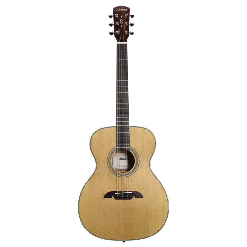 The Alvarez AF60 Herringbone Folk/OM Acoustic Guitar features a select spruce top with mahogany back and sides, delivering a warm, articulate tone ideal for fingerstyle and light strumming. The classic herringbone binding adds vintage character, while the comfortable OM body shape offers excellent projection and balance for studio or stage performance.