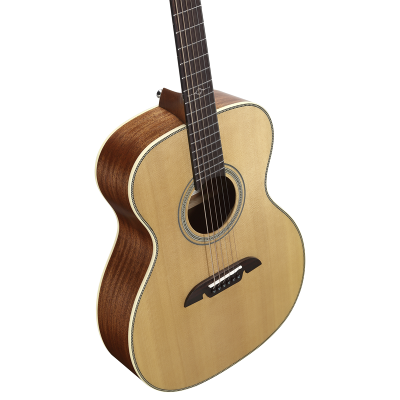 The Alvarez AF60 Herringbone Folk/OM Acoustic Guitar features a select spruce top with mahogany back and sides, delivering a warm, articulate tone ideal for fingerstyle and light strumming. The classic herringbone binding adds vintage character, while the comfortable OM body shape offers excellent projection and balance for studio or stage performance.