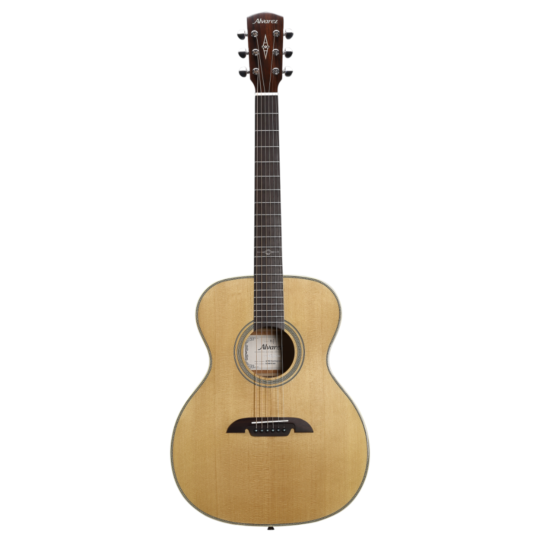 The Alvarez AF60 Herringbone Folk/OM Acoustic Guitar features a select spruce top with mahogany back and sides, delivering a warm, articulate tone ideal for fingerstyle and light strumming. The classic herringbone binding adds vintage character, while the comfortable OM body shape offers excellent projection and balance for studio or stage performance.