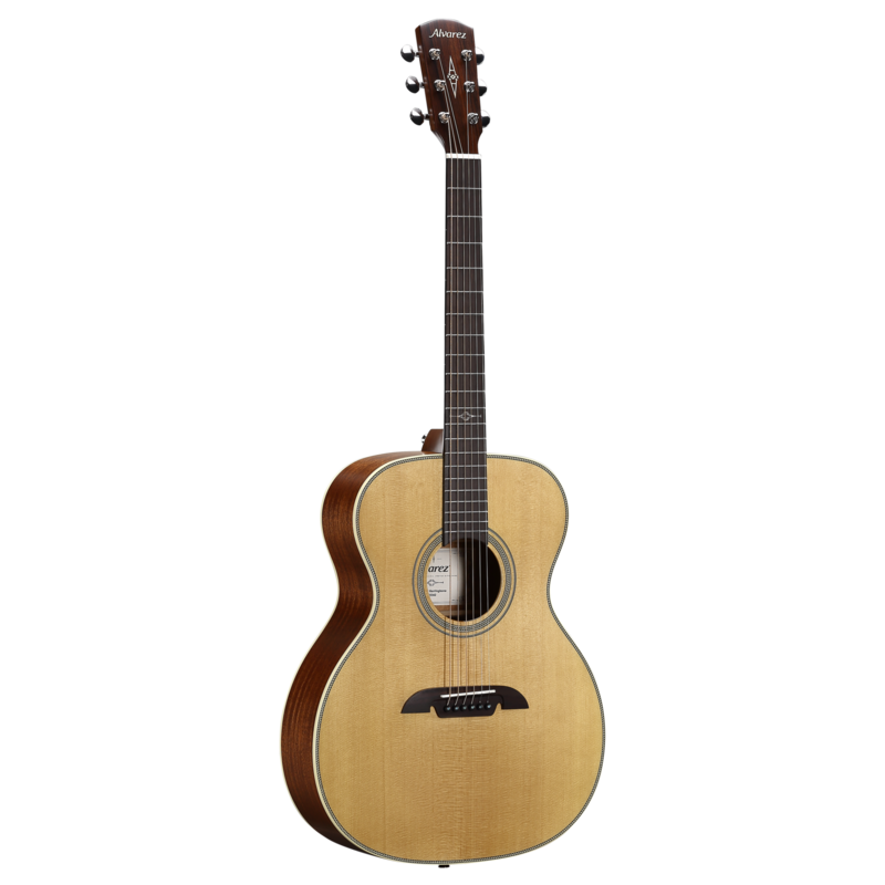 The Alvarez AF60 Herringbone Folk/OM Acoustic Guitar features a select spruce top with mahogany back and sides, delivering a warm, articulate tone ideal for fingerstyle and light strumming. The classic herringbone binding adds vintage character, while the comfortable OM body shape offers excellent projection and balance for studio or stage performance.