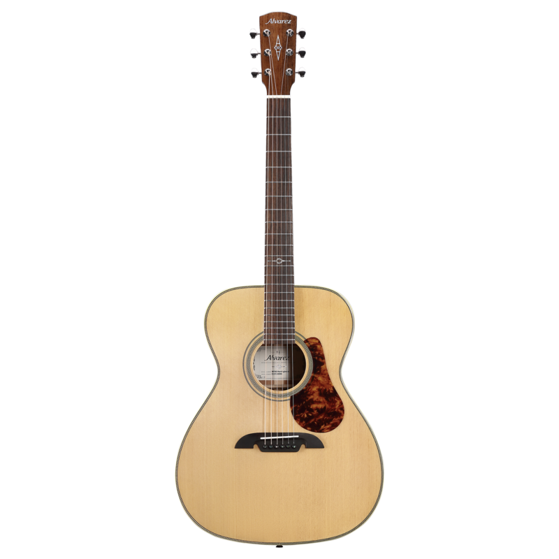 The Alvarez Masterworks MF60 Herringbone Folk/OM Acoustic Guitar features an all-solid construction with a solid spruce top and solid mahogany back and sides. Its OM body delivers a balanced, articulate tone perfect for fingerstyle and light strumming. Accented with classic herringbone binding, this guitar offers premium craftsmanship, exceptional resonance, and a refined vintage aesthetic.