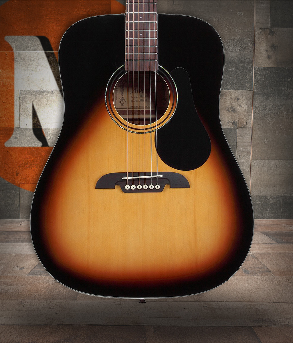The Alvarez Regent RD26SB Dreadnought (RD26SB) features a spruce top with mahogany back and sides, delivering warm, clear tone suitable for learners and everyday players. The comfortable neck profile supports easy playability, while the striking sunburst finish adds classic style. Includes a deluxe padded gig bag, making it perfect for lessons, travel, and first-time guitar owners.