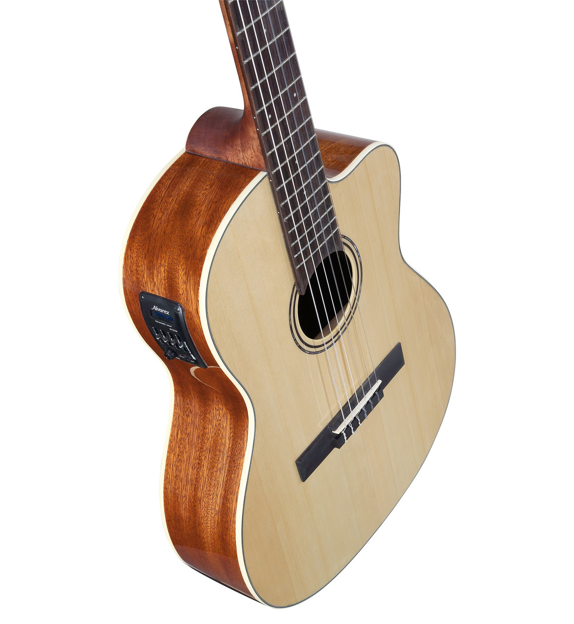 The Alvarez Regent RC26HCE Hybrid Classical Acoustic-Electric (RC26HCE) blends nylon-string warmth with modern steel-string playability. It features a spruce top, mahogany back and sides, a comfortable 46mm nut width, and a radiused fingerboard for easier chording and smoother transitions. The cutaway provides upper-fret access, while onboard electronics deliver clear amplified tone. Includes a deluxe padded gig bag, making it ideal for beginners, crossover players, and performers.