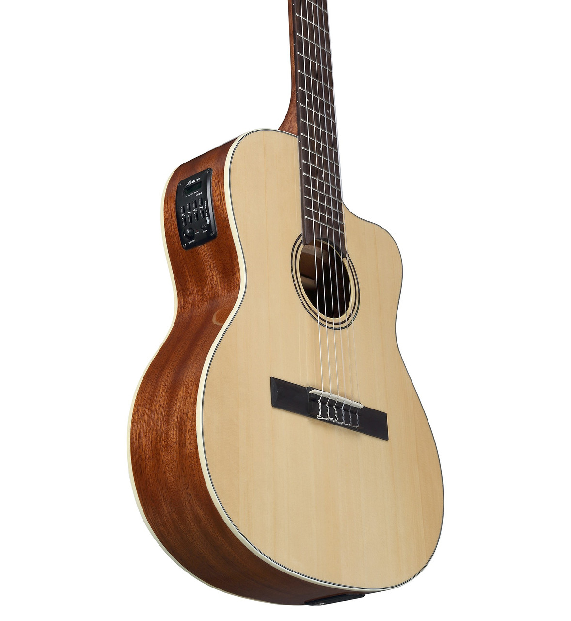 The Alvarez Regent RC26HCE Hybrid Classical Acoustic-Electric (RC26HCE) blends nylon-string warmth with modern steel-string playability. It features a spruce top, mahogany back and sides, a comfortable 46mm nut width, and a radiused fingerboard for easier chording and smoother transitions. The cutaway provides upper-fret access, while onboard electronics deliver clear amplified tone. Includes a deluxe padded gig bag, making it ideal for beginners, crossover players, and performers.