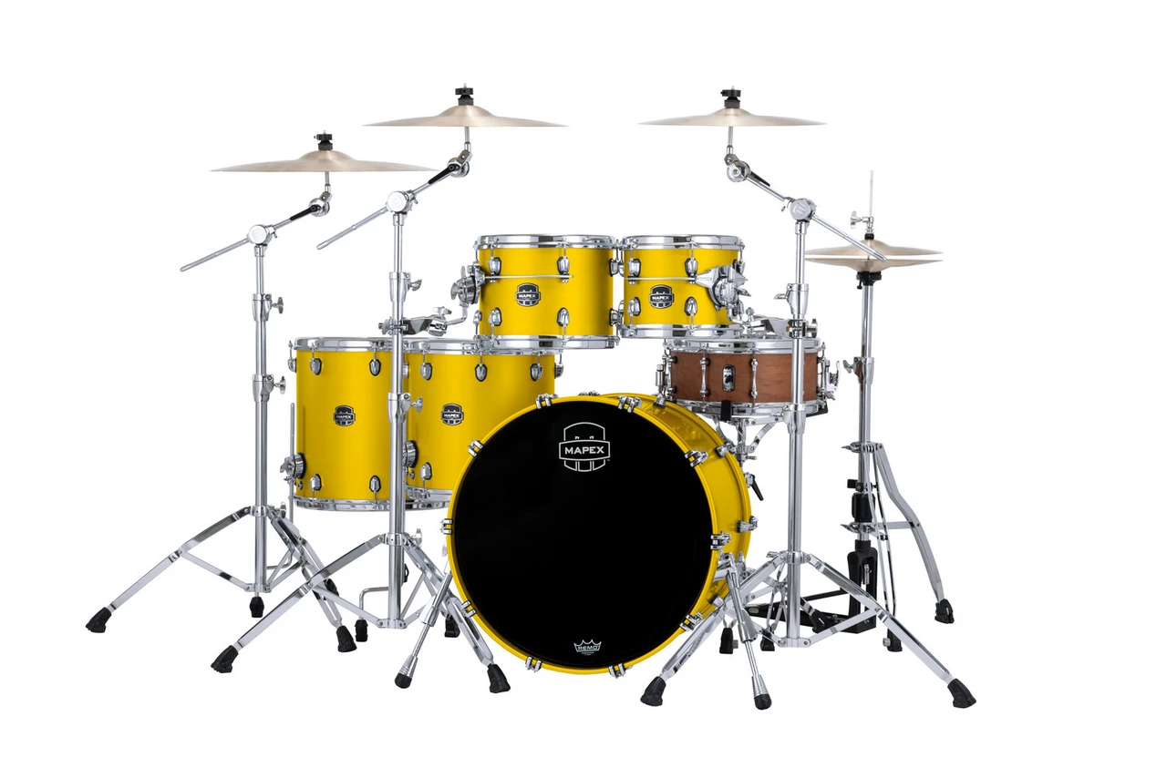 The Mapex Saturn Evolution SE628XMPM Workhorse 5-Piece Shell Pack features hybrid maple/walnut shells crafted for enhanced projection, warmth, and tonal clarity. Finished in a bold Tuscan Yellow, this kit brings standout visual appeal alongside premium performance. The SAS Attack and Resonance systems optimize sustain and articulation, while SONIClear bearing edges improve tuning consistencyÃ¢â‚¬â€ideal for professional drummers who demand studio-grade sound and reliability.