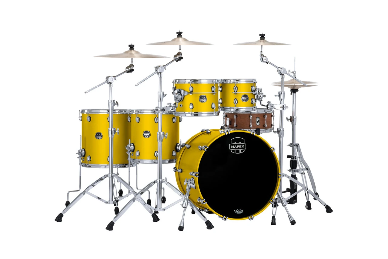 The Mapex Saturn Evolution SE628XMPM Workhorse 5-Piece Shell Pack features hybrid maple/walnut shells crafted for enhanced projection, warmth, and tonal clarity. Finished in a bold Tuscan Yellow, this kit brings standout visual appeal alongside premium performance. The SAS Attack and Resonance systems optimize sustain and articulation, while SONIClear bearing edges improve tuning consistencyÃ¢â‚¬â€ideal for professional drummers who demand studio-grade sound and reliability.