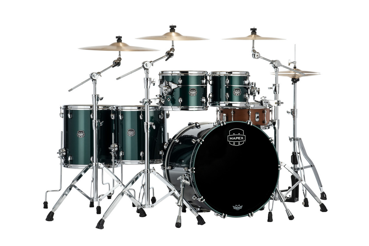 The Mapex Saturn Evolution SE628XMPQ Workhorse 5-Piece Shell Pack features hybrid maple/walnut shells engineered for superior projection, warm low-end, and detailed clarity. Its Brunswick Green finish offers a bold, refined appearance suited for stage or studio. Enhanced with SAS Attack and Resonance systems and SONIClear bearing edges, this kit delivers exceptional tuning stability, responsive dynamics, and premium performance for professional drummers.