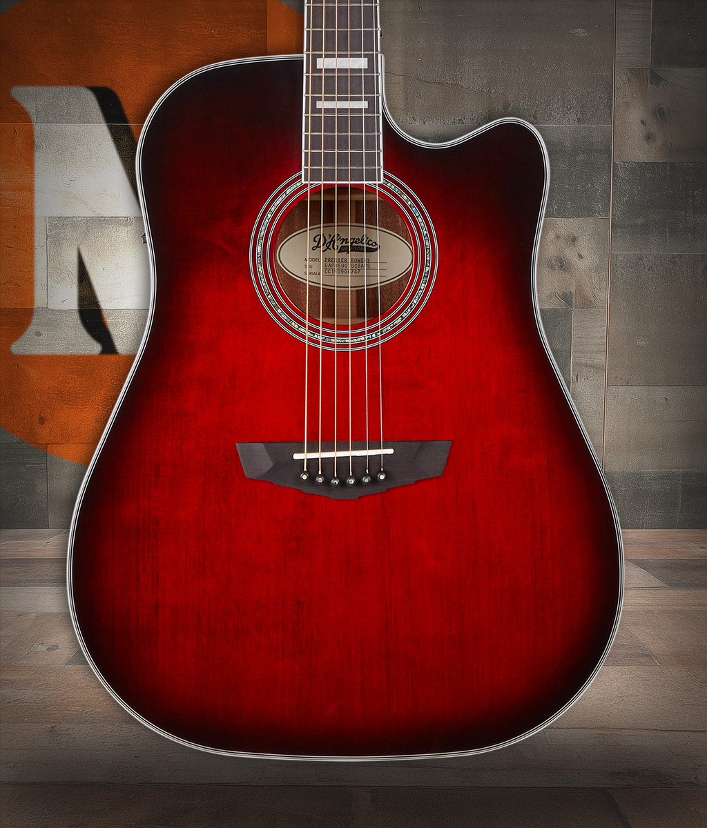 The DÃ¢â‚¬â„¢Angelico Bowery Dreadnought CE (DAPD500TBCBAPS) features a bold Trans Black Cherry Burst finish paired with a full-size dreadnought body for rich lows, strong projection, and classic acoustic warmth. The cutaway design allows easy upper-fret access, while the onboard electronics deliver clear, natural amplified soundÃ¢â‚¬â€making it ideal for stage use, worship settings, and songwriting.