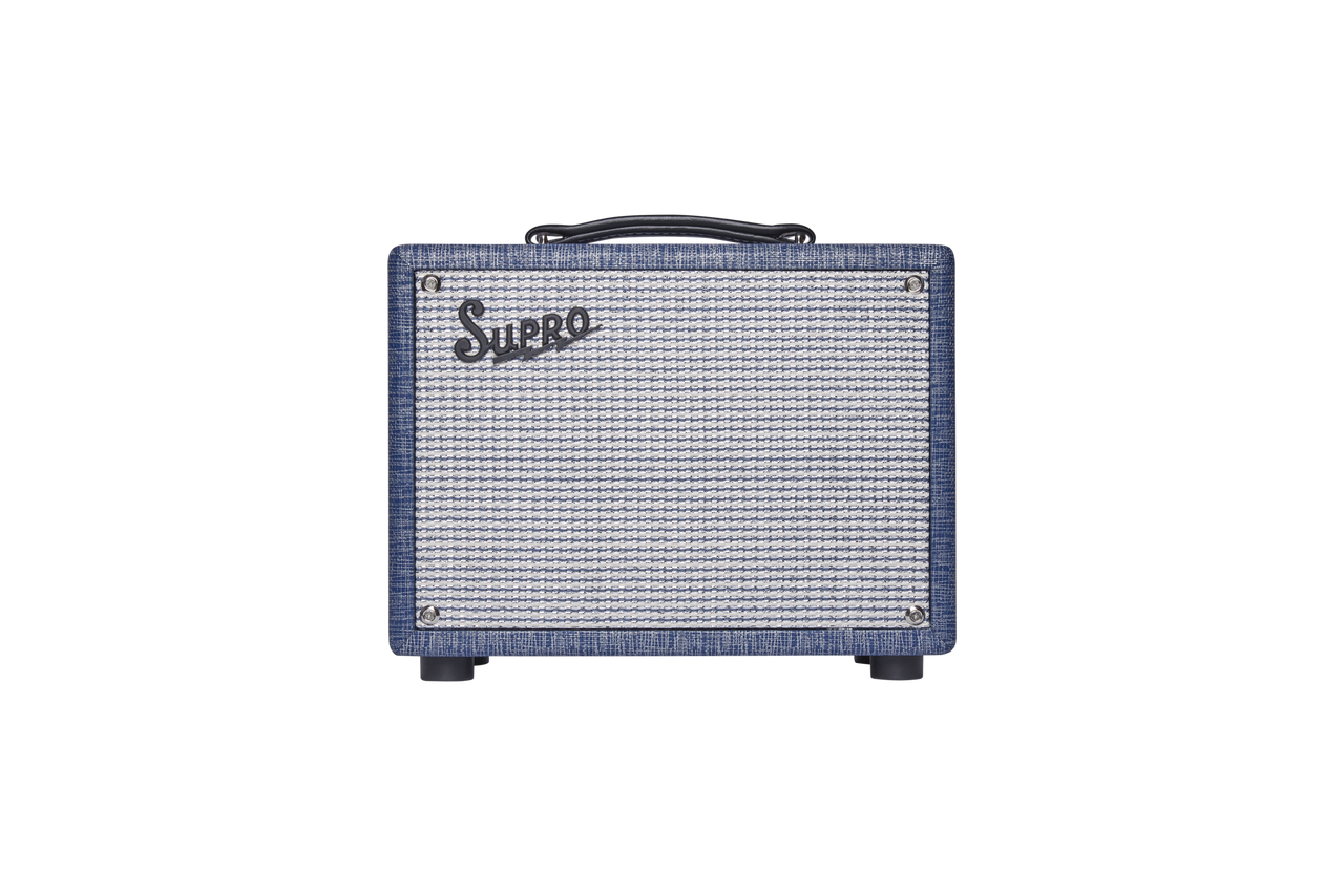 The Supro 1605RJ 64 Reverb Combo Amp features a 5-watt Class A tube design with a single 8" speaker, delivering classic Supro breakup at manageable volumes. Built-in tube-driven reverb and tremolo offer vintage character, while the Blue Rhino covering adds iconic retro style. Ideal for studio recording, practice sessions, and players seeking authentic Supro tone in a compact format.
