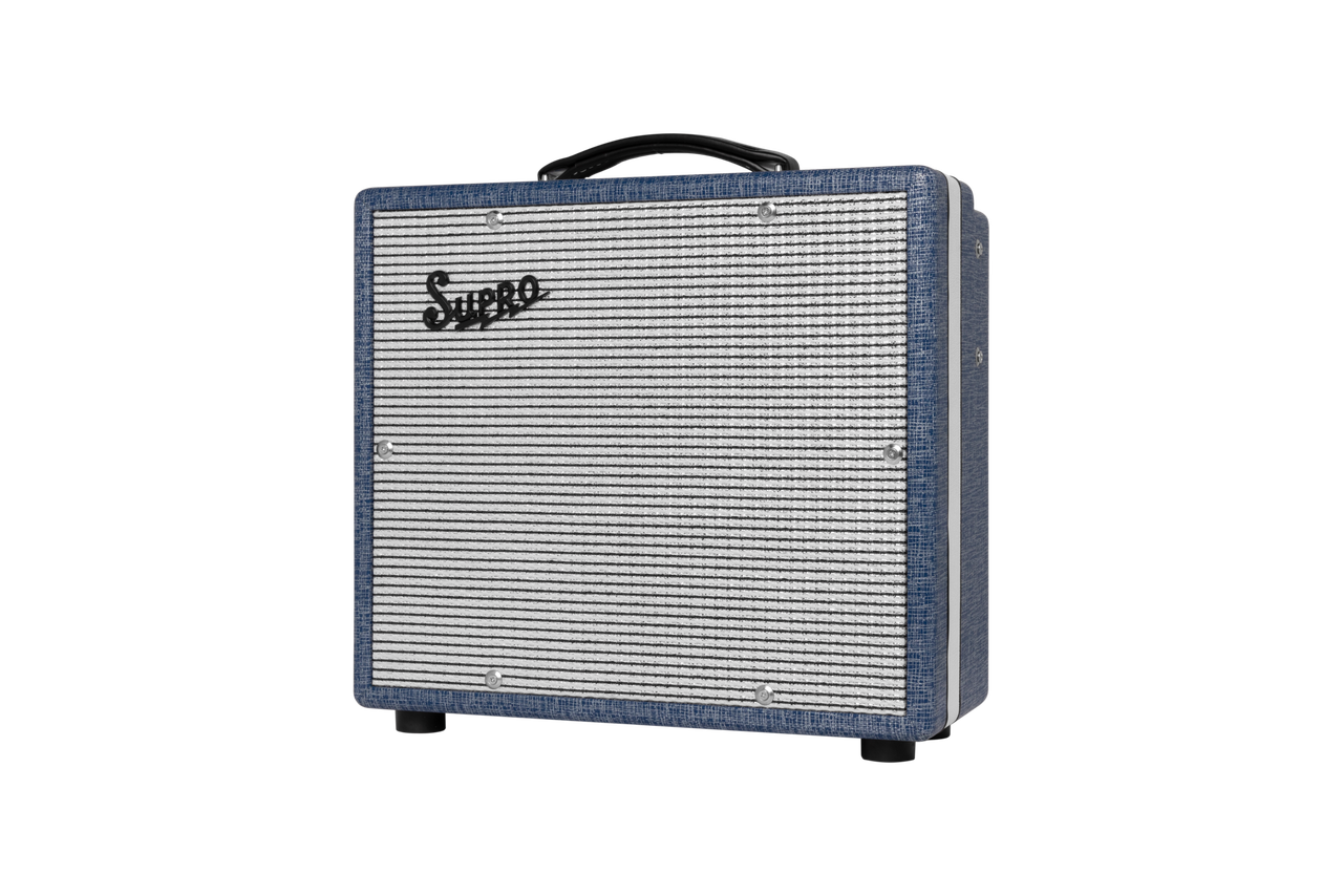 The Supro 1608R Montauk Combo Amp features a 15-watt Class A tube design paired with a 10" speaker for dynamic, harmonically rich tone. With authentic Supro tube-driven reverb, responsive breakup, and the iconic Blue Rhino covering, it delivers boutique-style sound in a compact, gig-ready package. Perfect for blues, rock, and studio recording applications.