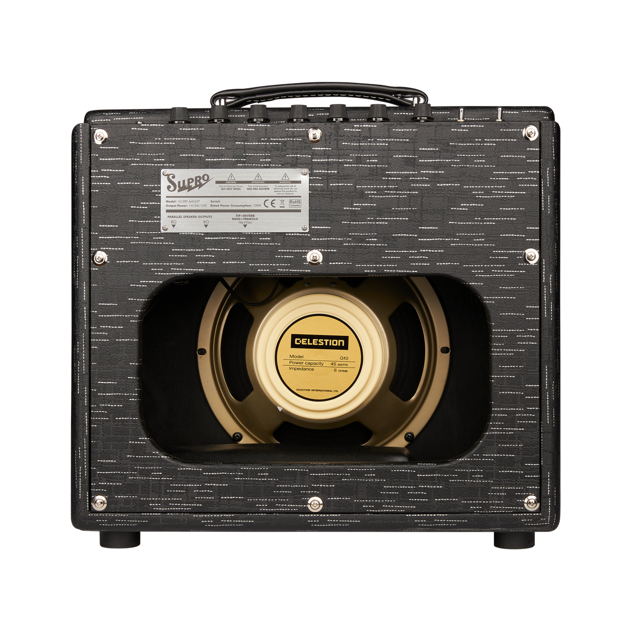 The Supro 1612RT Amulet 110 features a 1x10 design with switchable 1W, 5W, and 15W tube power settings, giving players full control over breakup and volume for any environment. Its tube-driven reverb and tremolo deliver classic Supro ambience, while the Black Scandia covering provides a sleek, modern look. Ideal for players seeking studio-quality tone, dynamic responsiveness, and flexible wattage in a compact combo.