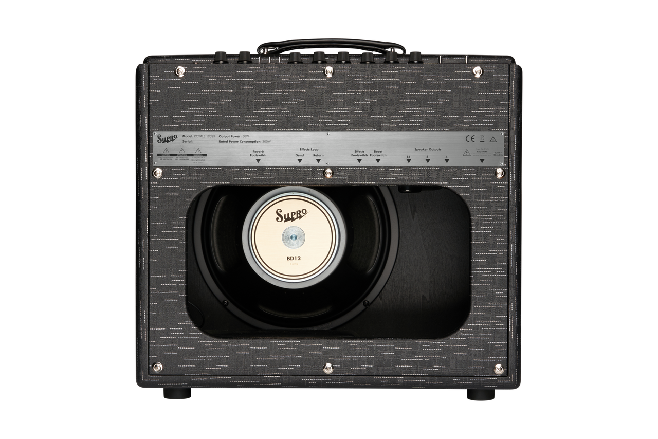 The Supro 1932R Royale 112 is a 50-watt tube combo designed for players who want sparkling clean tones, huge headroom, and exceptional pedal compatibility. Its 12" speaker provides full, balanced projection, while the Black Scandia finish gives it a modern, refined look. Perfect for gigging musicians, studio players, and anyone seeking high-powered vintage-inspired tone with contemporary versatility.