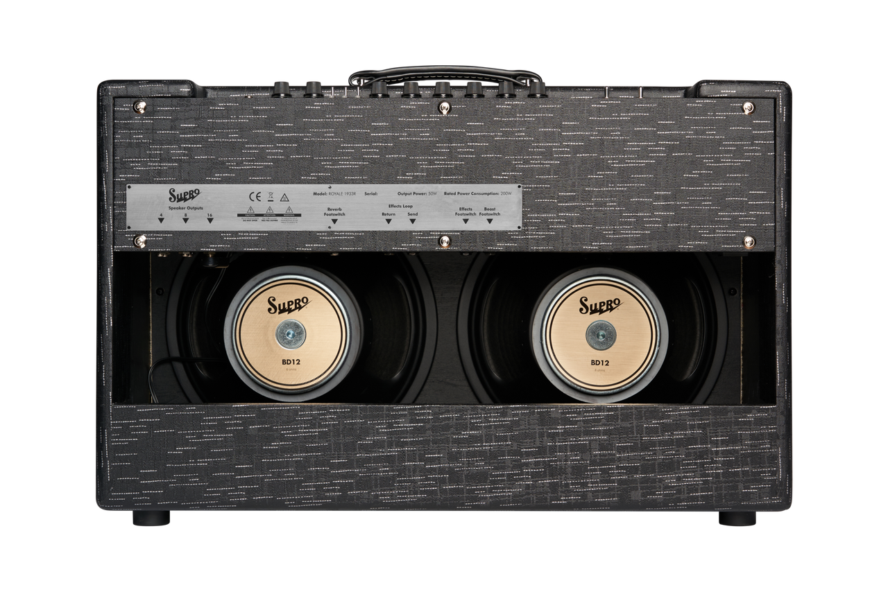 The Supro 1933R Royale 212 delivers commanding 50-watt tube tone with dual 12" speakers for broad projection, powerful low-end response, and exceptional clarity. Designed for players who need pristine cleans and huge headroom, it's perfect for pedal-heavy rigs, live performances, and studio sessions. Finished in sleek Black Scandia, it blends modern aesthetics with classic Supro sonic character.