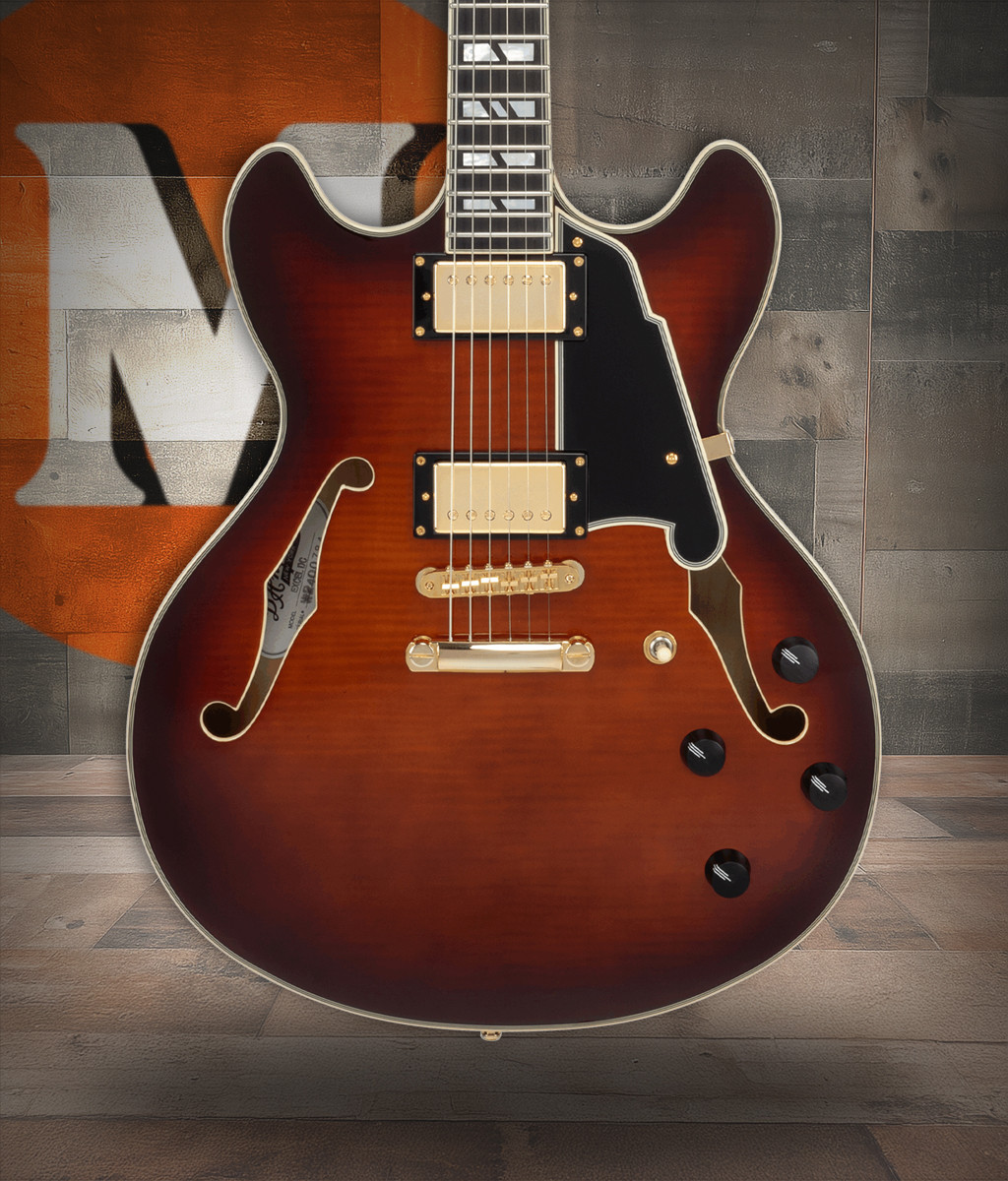 The DÃ¢â‚¬â„¢Angelico DAEDCARBGS Double Cutaway Electric Guitar features a warm, vintage-inspired Amaretto Burst finish paired with a classic double-cut body design. A stop-bar tailpiece enhances sustain and tuning stability, while refined DÃ¢â‚¬â„¢Angelico craftsmanship ensures smooth playability and expressive tone. Ideal for players seeking a versatile instrument capable of blues, jazz, rock, and modern styles.