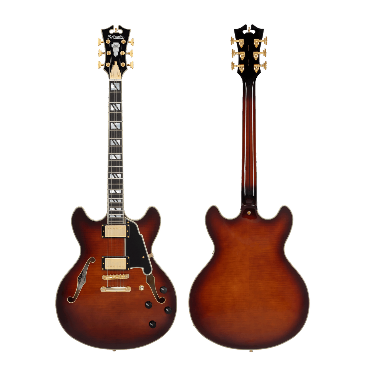 The DÃ¢â‚¬â„¢Angelico DAEDCARBGS Double Cutaway Electric Guitar features a warm, vintage-inspired Amaretto Burst finish paired with a classic double-cut body design. A stop-bar tailpiece enhances sustain and tuning stability, while refined DÃ¢â‚¬â„¢Angelico craftsmanship ensures smooth playability and expressive tone. Ideal for players seeking a versatile instrument capable of blues, jazz, rock, and modern styles.