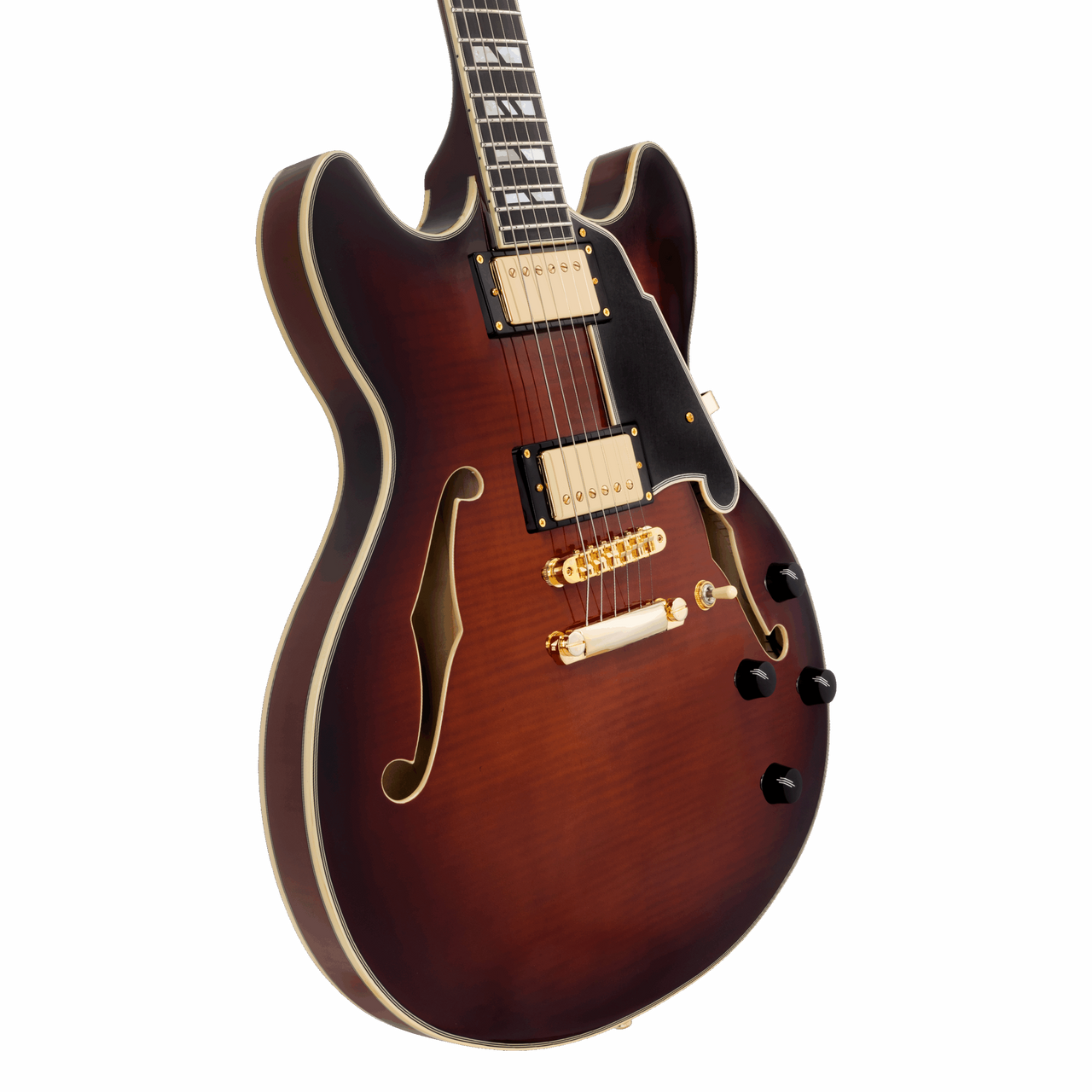 The DÃ¢â‚¬â„¢Angelico DAEDCARBGS Double Cutaway Electric Guitar features a warm, vintage-inspired Amaretto Burst finish paired with a classic double-cut body design. A stop-bar tailpiece enhances sustain and tuning stability, while refined DÃ¢â‚¬â„¢Angelico craftsmanship ensures smooth playability and expressive tone. Ideal for players seeking a versatile instrument capable of blues, jazz, rock, and modern styles.