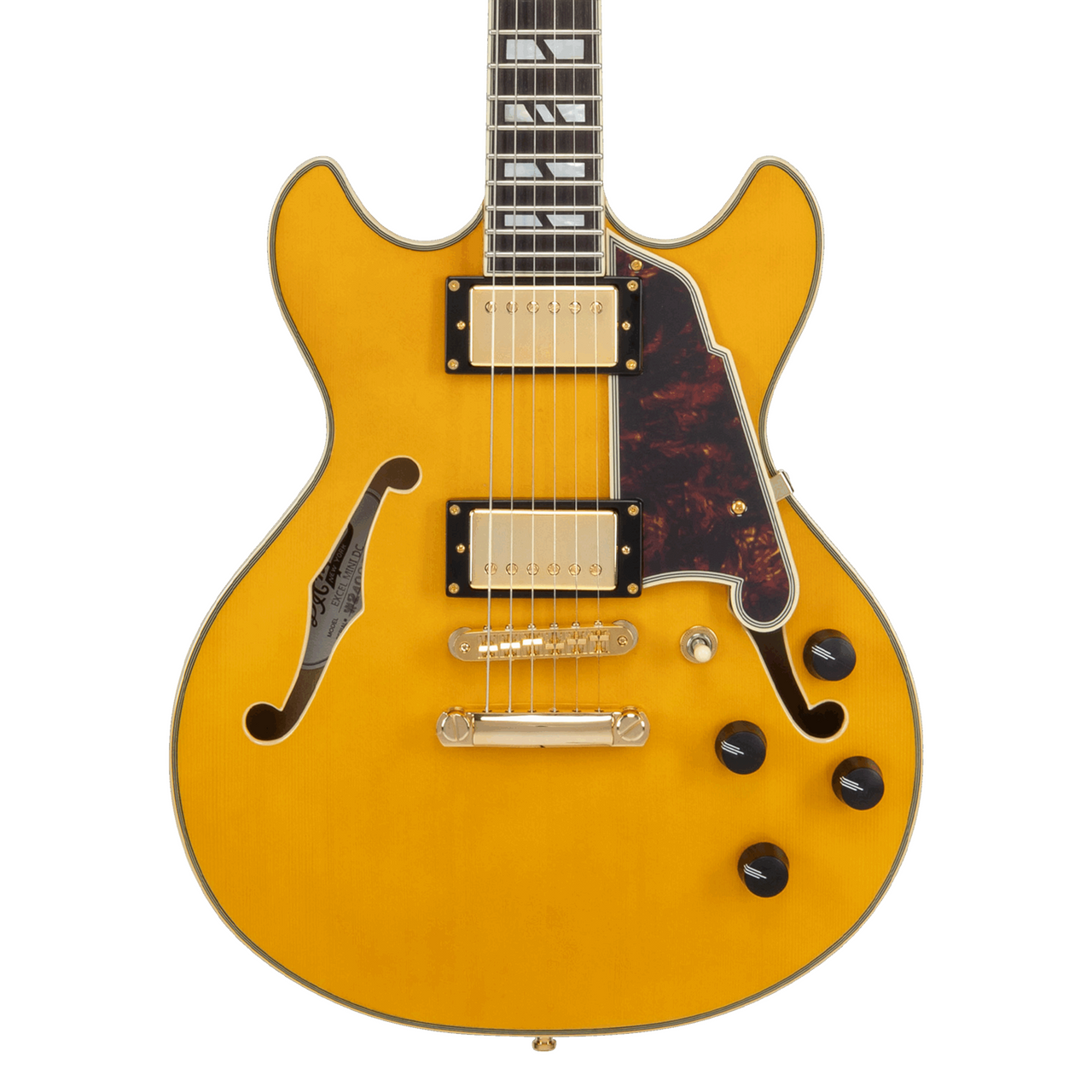 D'Angelico Mini Double Cutaway Electric Guitar w/ Gig Bag - Amber (DAEMDCAMBGS) | Musician Madness