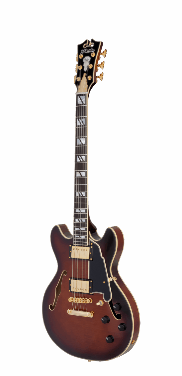DÃ¢â‚¬â„¢Angelico Mini Double Cutaway electric guitar in Amaretto Burst featuring a carved double-cut body, stop-bar tailpiece, humbucking pickups, vintage-style hardware, and classic DÃ¢â‚¬â„¢Angelico craftsmanship.