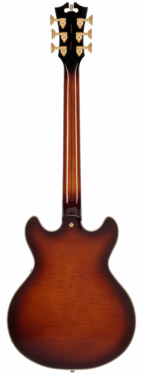 Dâ€™Angelico Mini Double Cutaway electric guitar in Amaretto Burst featuring a carved double-cut body, stop-bar tailpiece, humbucking pickups, vintage-style hardware, and classic Dâ€™Angelico craftsmanship.