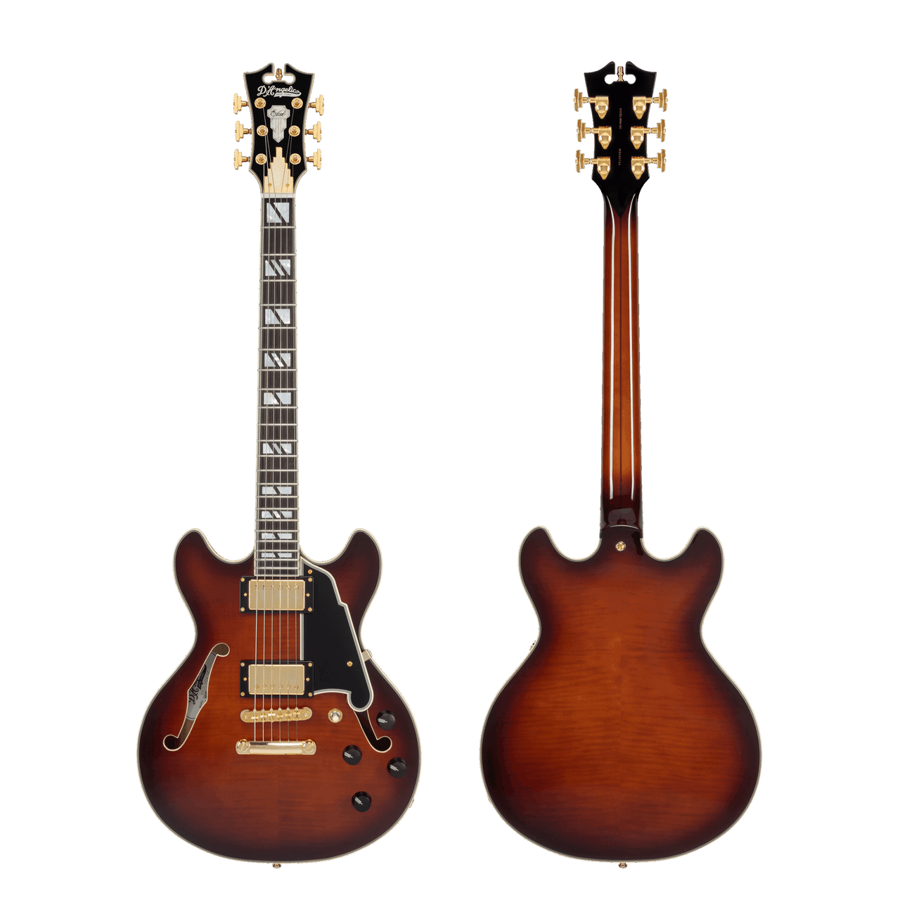 DÃ¢â‚¬â„¢Angelico Mini Double Cutaway electric guitar in Amaretto Burst featuring a carved double-cut body, stop-bar tailpiece, humbucking pickups, vintage-style hardware, and classic DÃ¢â‚¬â„¢Angelico craftsmanship.