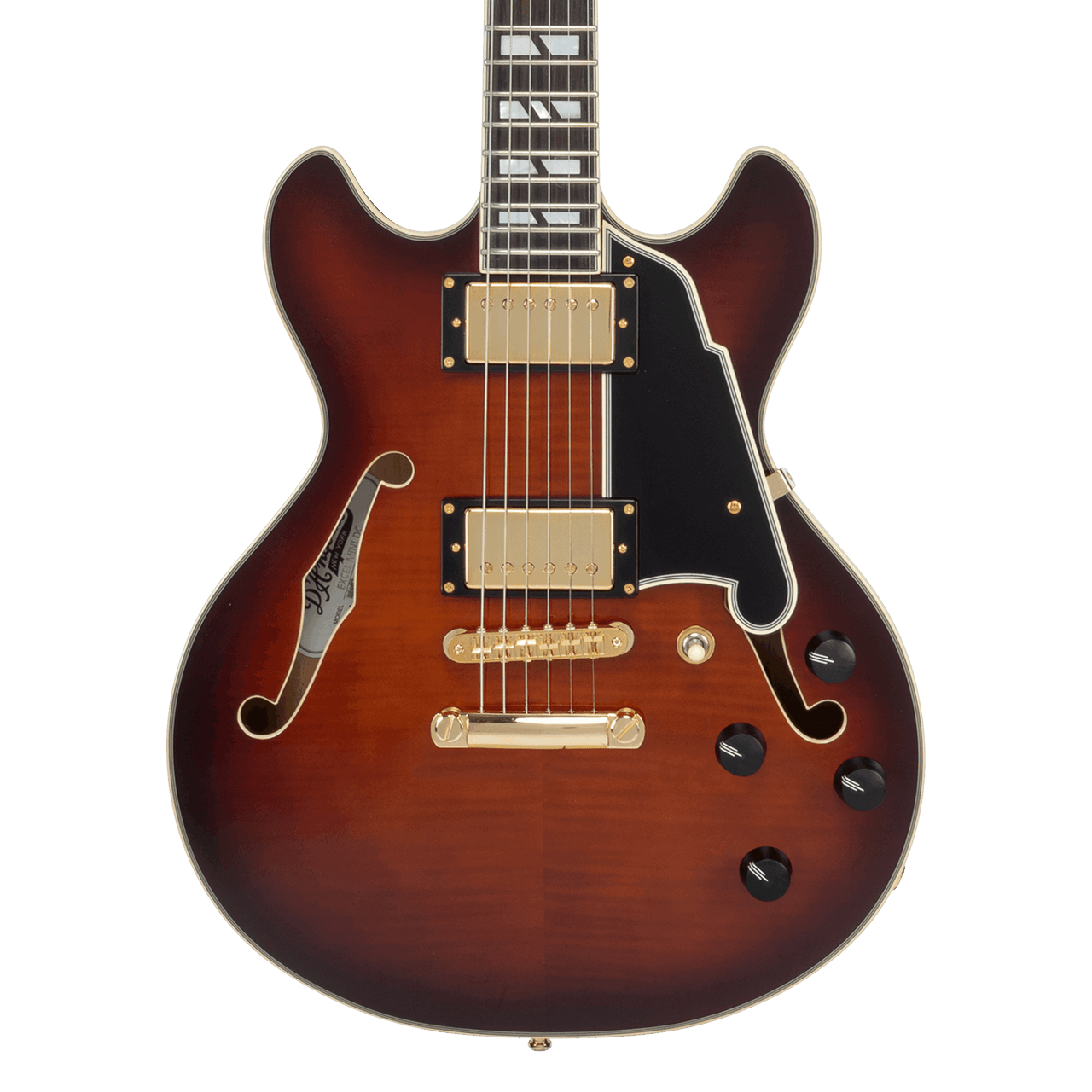 DÃ¢â‚¬â„¢Angelico Mini Double Cutaway electric guitar in Amaretto Burst featuring a carved double-cut body, stop-bar tailpiece, humbucking pickups, vintage-style hardware, and classic DÃ¢â‚¬â„¢Angelico craftsmanship.