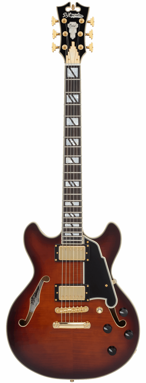 Dâ€™Angelico Mini Double Cutaway electric guitar in Amaretto Burst featuring a carved double-cut body, stop-bar tailpiece, humbucking pickups, vintage-style hardware, and classic Dâ€™Angelico craftsmanship.