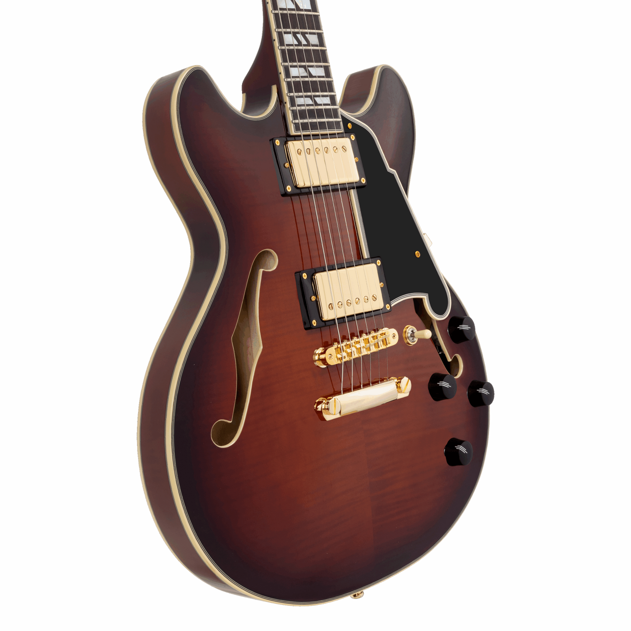 Dâ€™Angelico Mini Double Cutaway electric guitar in Amaretto Burst featuring a carved double-cut body, stop-bar tailpiece, humbucking pickups, vintage-style hardware, and classic Dâ€™Angelico craftsmanship.