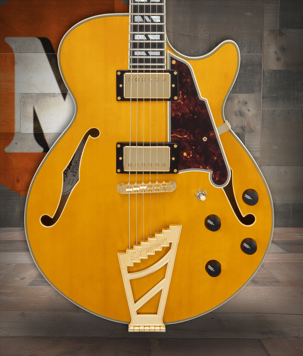 Dâ€™Angelico Single Cutaway electric guitar in Amber featuring a classic single-cut body, signature stairstep tailpiece, humbucking pickups, vintage-style appointments, and warm, resonant tonal character.