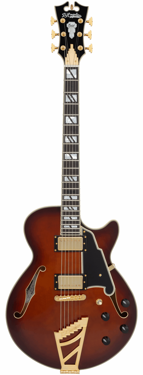 Dâ€™Angelico Single Cutaway electric guitar in Amaretto Burst featuring a classic single-cut body style, signature stairstep tailpiece, humbucker pickups, vintage-inspired hardware, and warm, expressive tonal character.