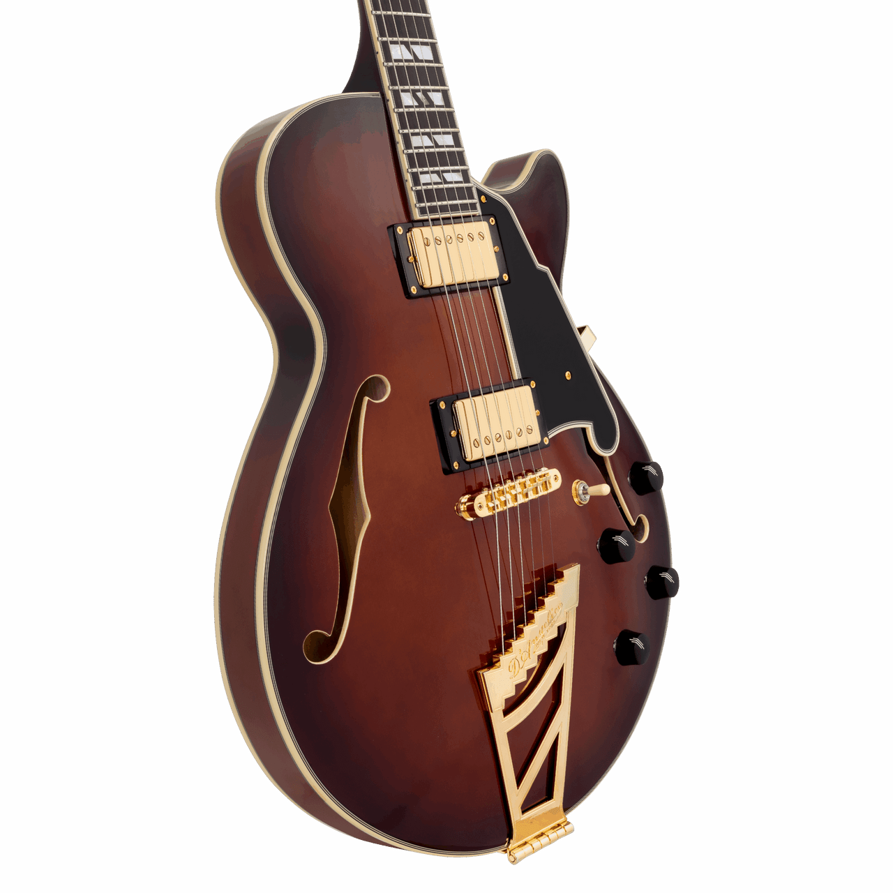 DÃ¢â‚¬â„¢Angelico Single Cutaway electric guitar in Amaretto Burst featuring a classic single-cut body style, signature stairstep tailpiece, humbucker pickups, vintage-inspired hardware, and warm, expressive tonal character.