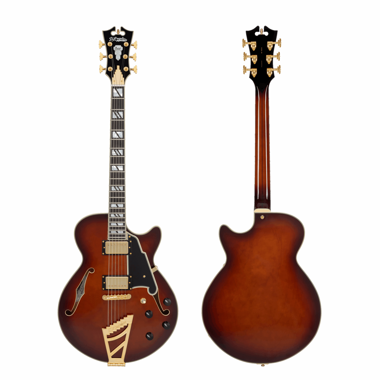 Dâ€™Angelico Single Cutaway electric guitar in Amaretto Burst featuring a classic single-cut body style, signature stairstep tailpiece, humbucker pickups, vintage-inspired hardware, and warm, expressive tonal character.