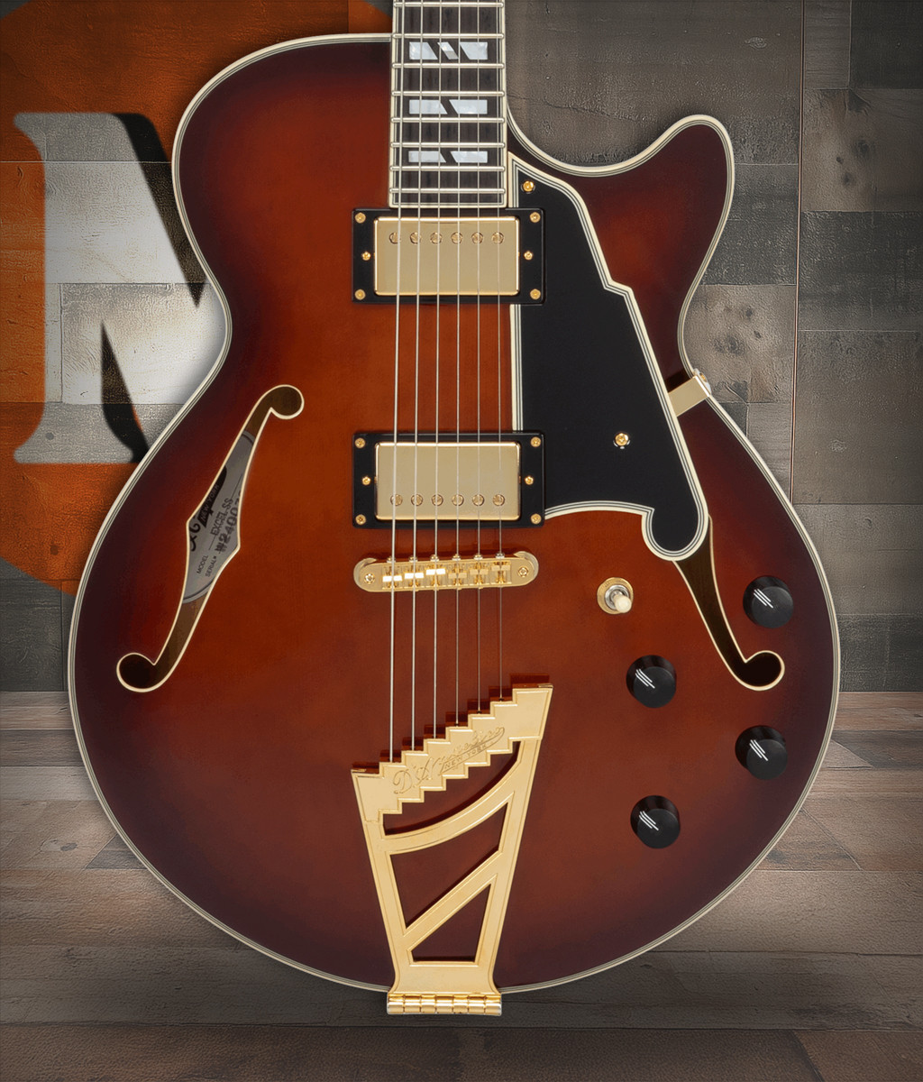 Dâ€™Angelico Single Cutaway electric guitar in Amaretto Burst featuring a classic single-cut body style, signature stairstep tailpiece, humbucker pickups, vintage-inspired hardware, and warm, expressive tonal character.