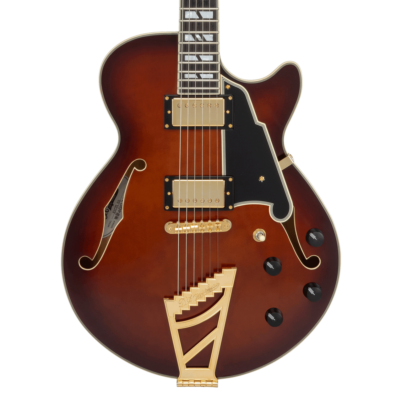 Dâ€™Angelico Single Cutaway electric guitar in Amaretto Burst featuring a classic single-cut body style, signature stairstep tailpiece, humbucker pickups, vintage-inspired hardware, and warm, expressive tonal character.
