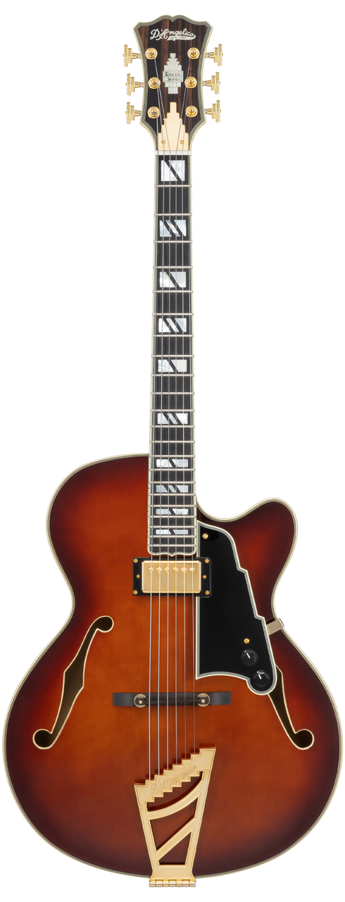 DÃ¢â‚¬â„¢Angelico Single Cutaway Hollowbody guitar in Amaretto Burst featuring a full hollow archtop body, vintage-inspired appointments, dual humbuckers, wooden bridge styling, and includes a matching hard case.