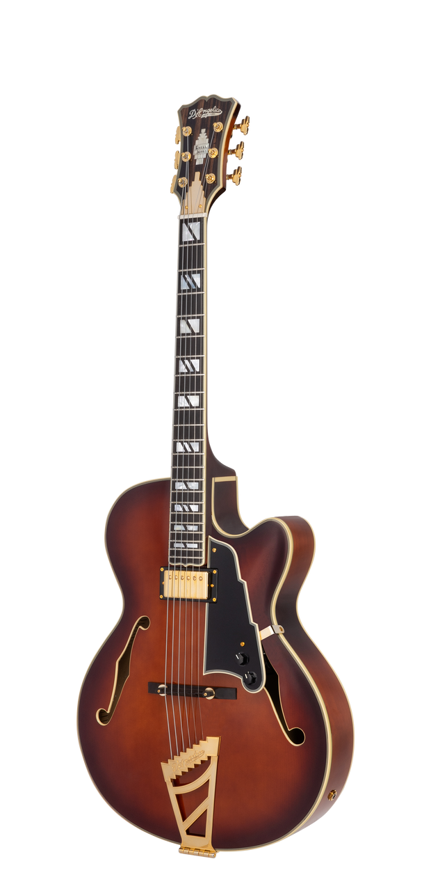 DÃ¢â‚¬â„¢Angelico Single Cutaway Hollowbody guitar in Amaretto Burst featuring a full hollow archtop body, vintage-inspired appointments, dual humbuckers, wooden bridge styling, and includes a matching hard case.